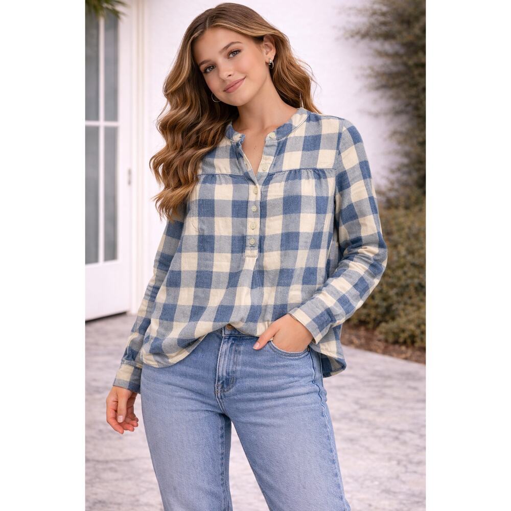 NYC Broadway & Broome Women's Plaid Button-Front Shirt Blue Tan Cotton Size XS